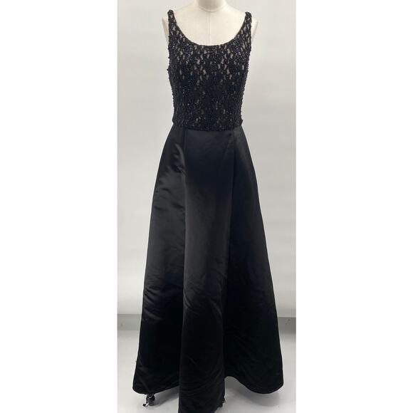 Vintage 90s Ball Gown Beaded Lace Bodice Satin A Line Fit & Flare Black Womens 4 - Picture 3 of 11